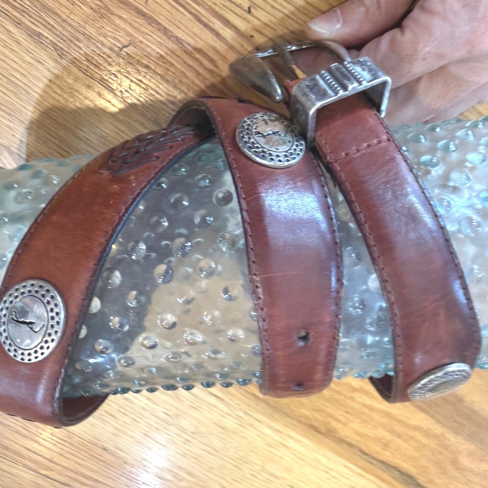 Vintage 1993 Brown Leather Western Belt Horse Concho Silver Buckle Cowboy 90s